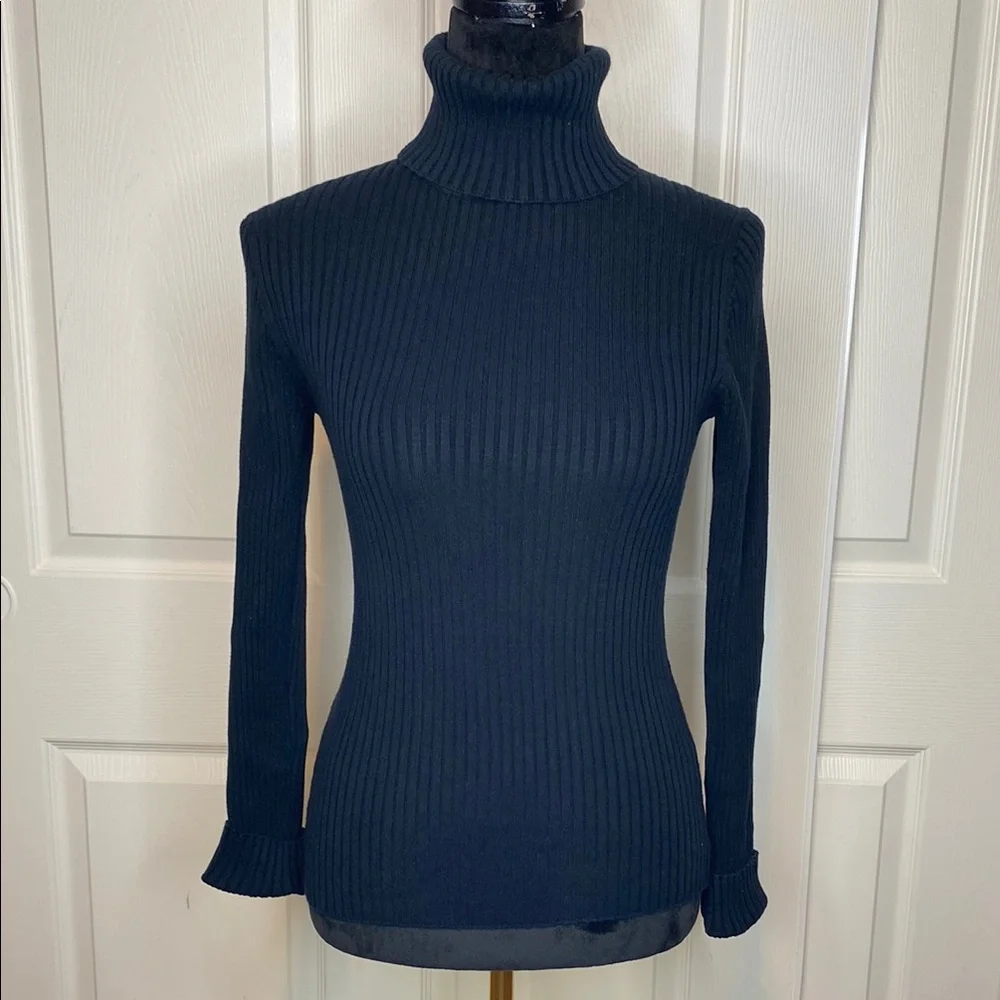 L.L. Bean Black Ribbed Turtleneck Stretch Fitted Cotton Sweater - Picture 1 of 6